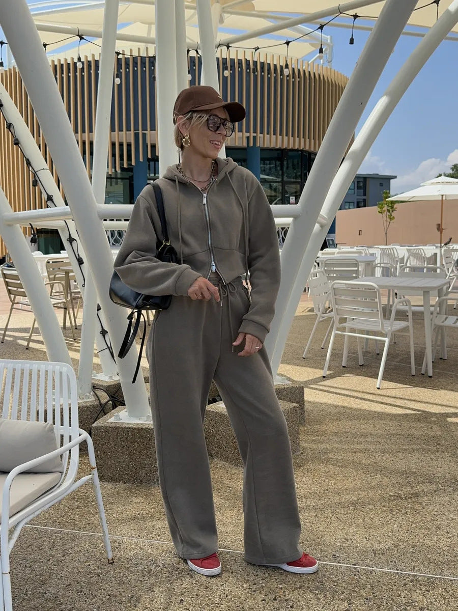 Damen Sportliches Fleece-Loungewear-Set mit Kapuze und verstellbarem Bund Drune