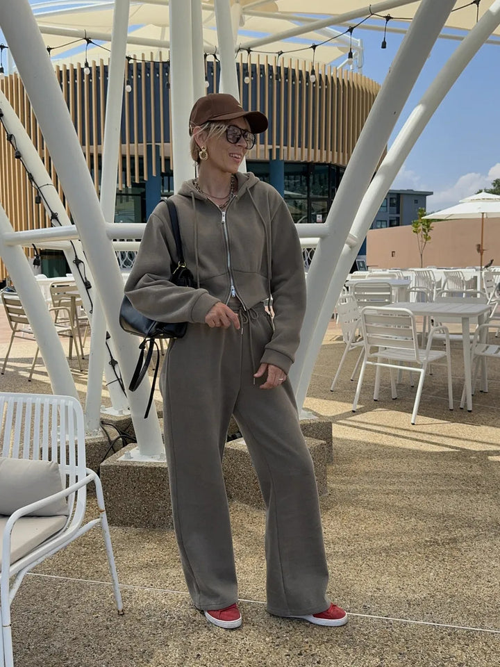 Damen Sportliches Fleece-Loungewear-Set mit Kapuze und verstellbarem Bund Drune