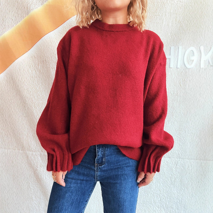 Damen lässiger Strickpullover mit weitem Rundhalsausschnitt und fluffiger Textur Drune