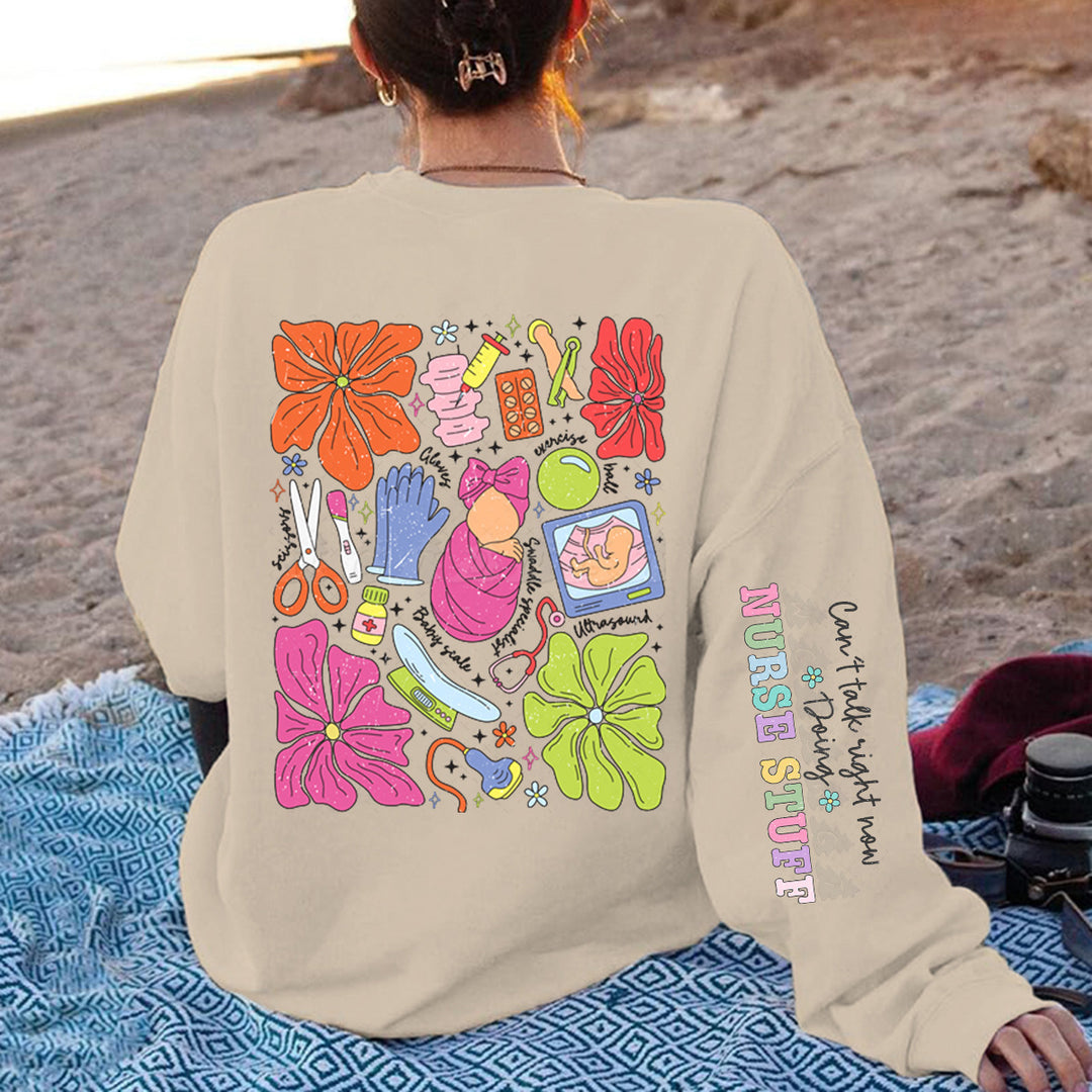 Damen Sweatshirt mit buntem Grafikdesign und originellem Pflege-Motiv Drune