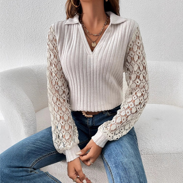 Damen V-Ausschnitt Bluse mit Spitzenärmel und Rippstruktur Drune