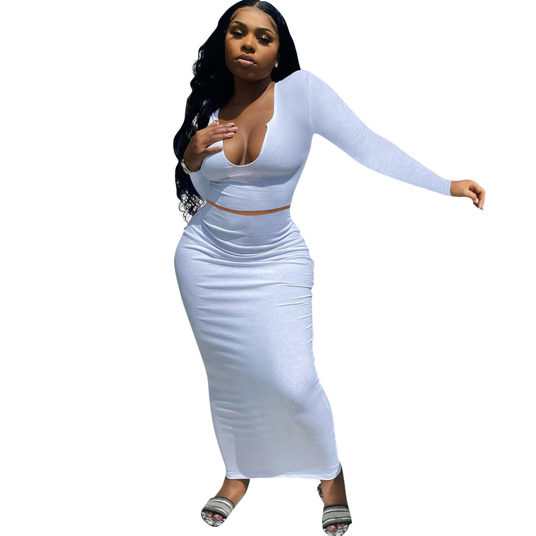 Damen Figurbetontes Maxikleid mit langem Arm und tiefem V-Ausschnitt Drune