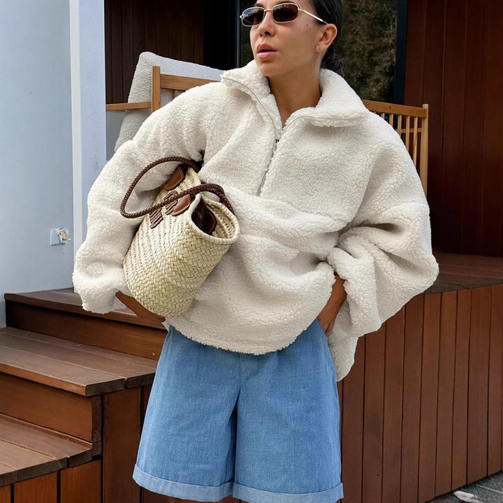 Damen Fleece-Pullover mit hohem Kragen und seitlichen Taschen Drune