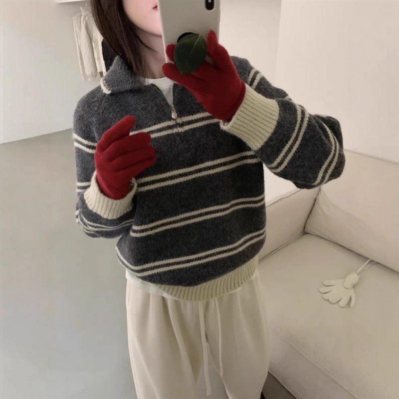 Damen Strickpullover mit Halbreißverschluss und gestreiftem Design Drune