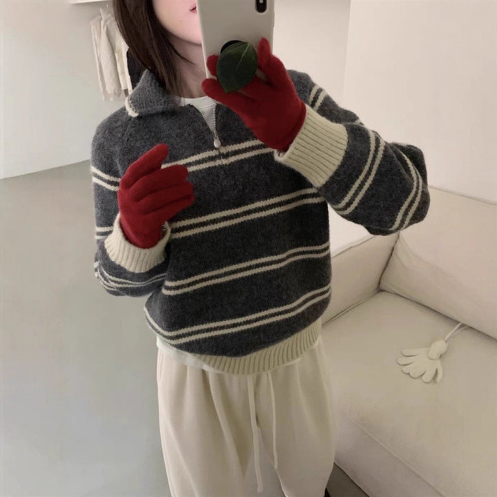Damen Strickpullover mit Halbreißverschluss und gestreiftem Design Drune