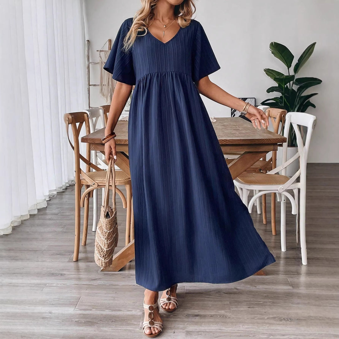 Damen Maxikleid mit feinen Falten und V-Ausschnitt Drune