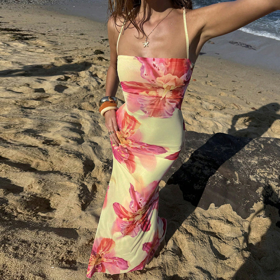 Damen Maxikleid mit floralem Design und Spaghettiträgern Drune