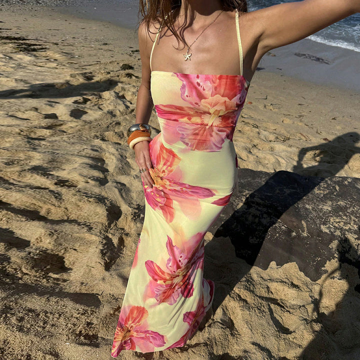 Damen Maxikleid mit floralem Design und Spaghettiträgern Drune