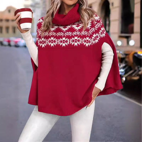 Damen Kapuzen-Strick-Cape mit festlichem Muster und hohem Kragen Drune