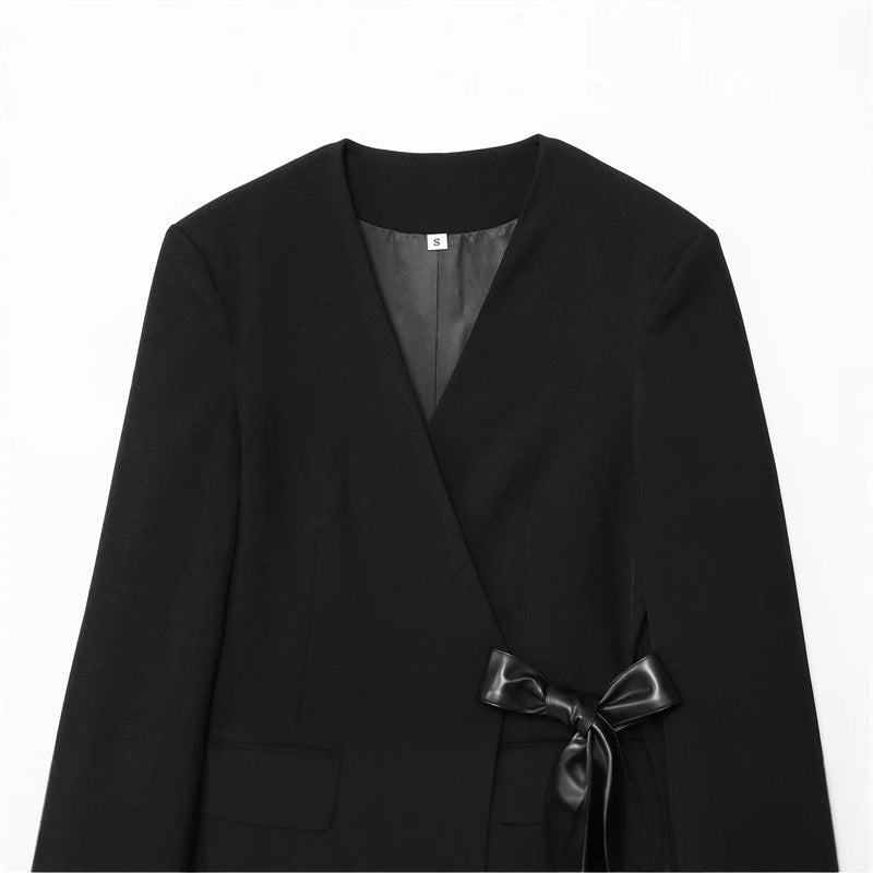 Damen elegante Wickelblazerjacke mit taillierbarem Satin-Gürtel Drune