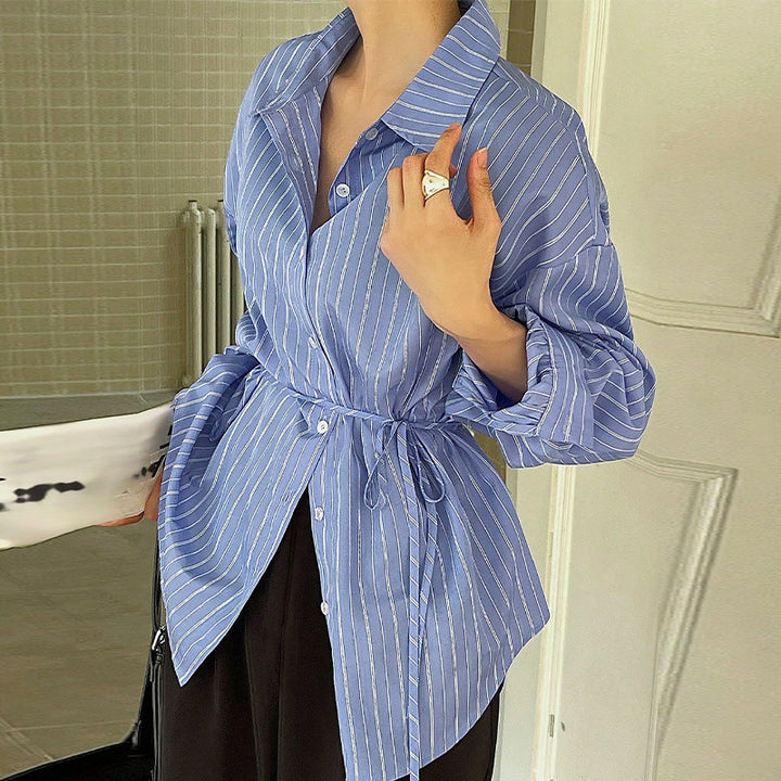 Damen elegante Bluse mit taillierbarem Bindeband und modischem Streifenmuster Drune