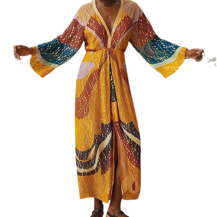 Damen Maxikleid mit buntem Print und modernen langen Ärmeln Drune