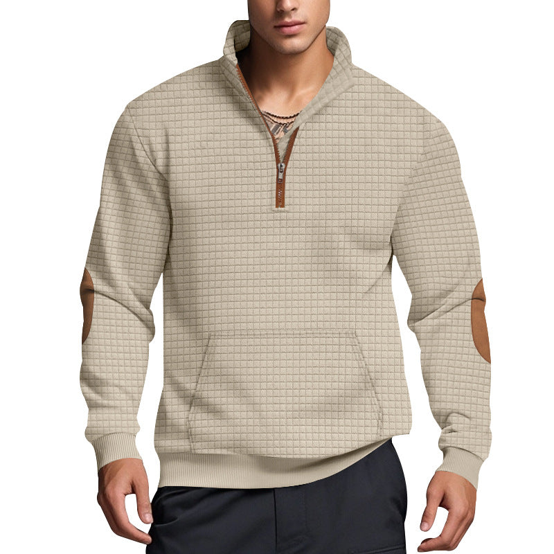 Herren nan gesteppter Halbzip Pullover mit Reißverschlusskragen und Kunstleder-Ellbogenpatches Drune