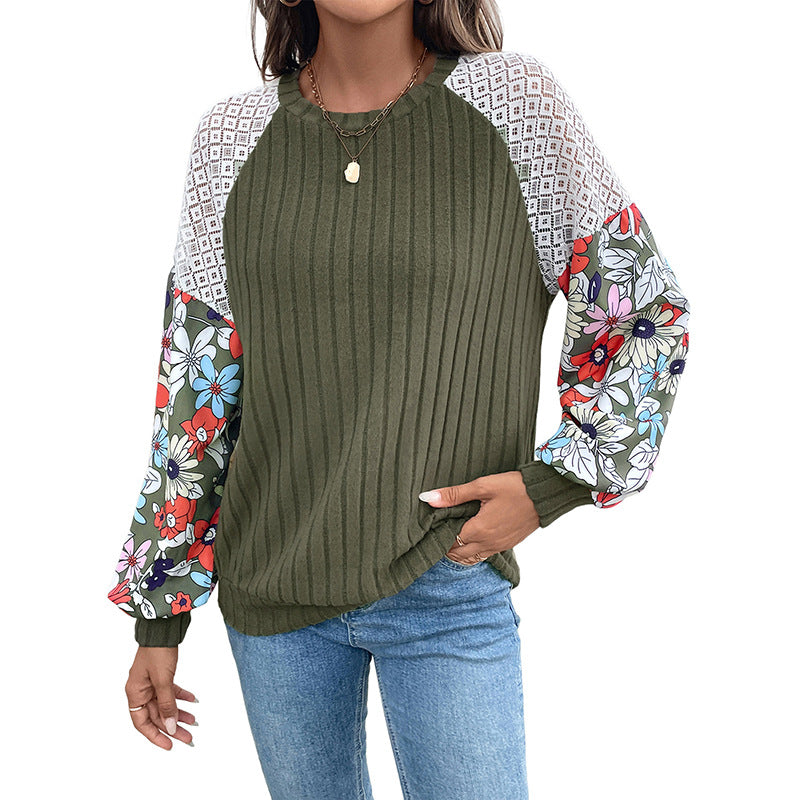 Damen Strickpullover mit bunten Blumenärmeln und Rippenstruktur Drune