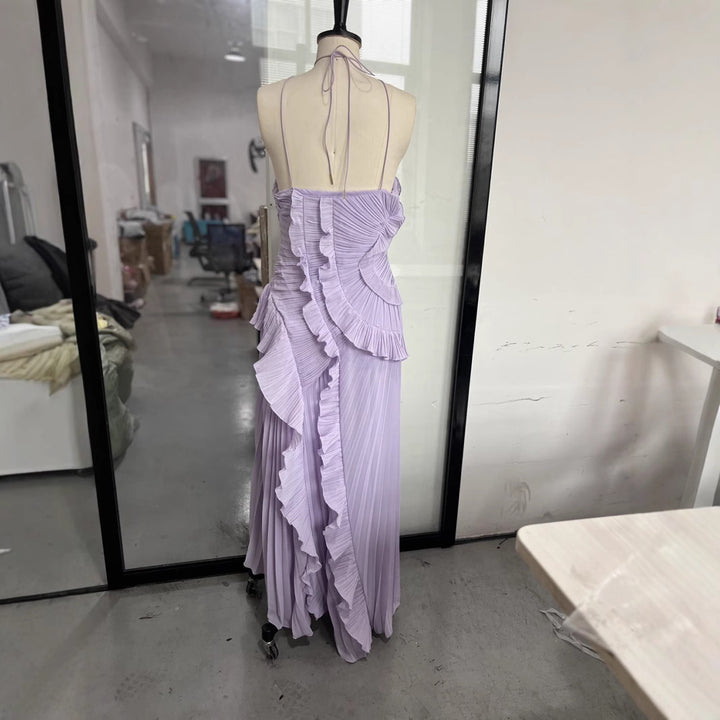 Damen Elegantes plissiertes Maxikleid mit asymmetrischem Design Drune
