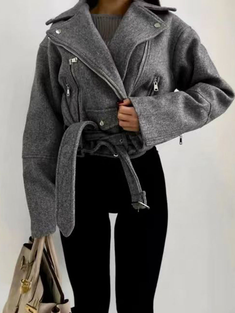 Damen elegante cropped Lederjacke mit asymmetrischem Reißverschluss und Gürtel Drune