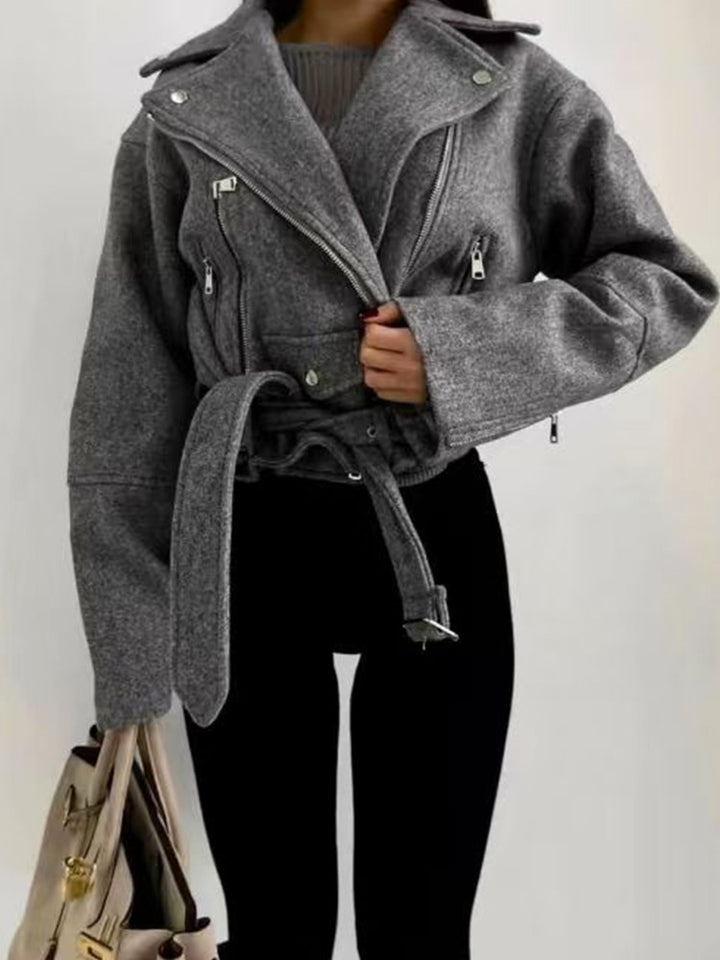 Damen elegante cropped Lederjacke mit asymmetrischem Reißverschluss und Gürtel Drune
