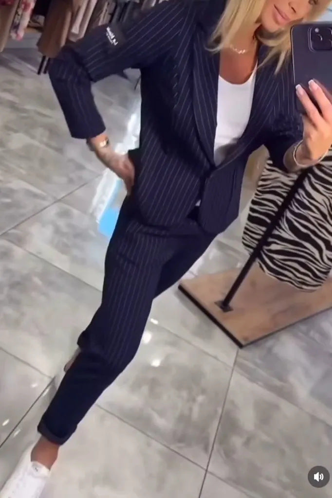 Damen Elegantes Blazer-Ensemble mit modischen Streifen und tailliertem Schnitt Drune