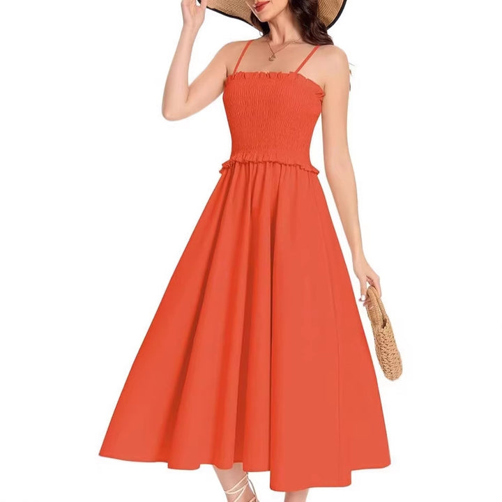 Damen Midi-Kleid mit elastischem Oberteil und weiten Rock Drune