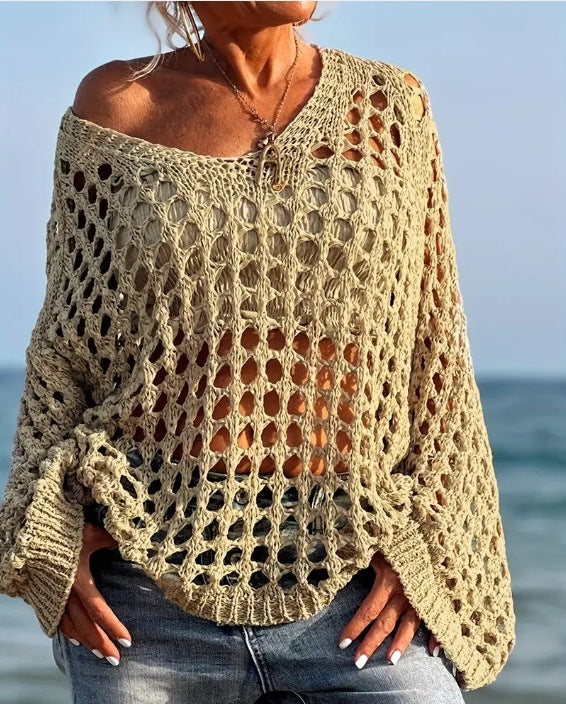 Damen Off-Shoulder Strickpullover mit luftiger Lochmaschenstruktur Drune