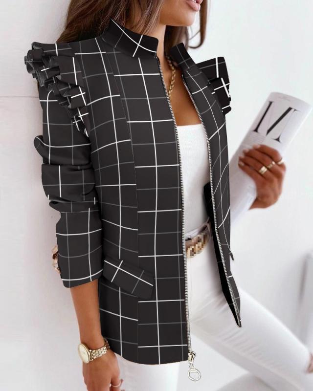 Damen nan Leo-Blouson mit Volantärmeln, Stehkragen und Zipper-Front Drune