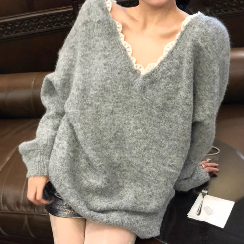 Damen Oversized Strickpullover mit V-Ausschnitt und zartem Spitzenrand Drune