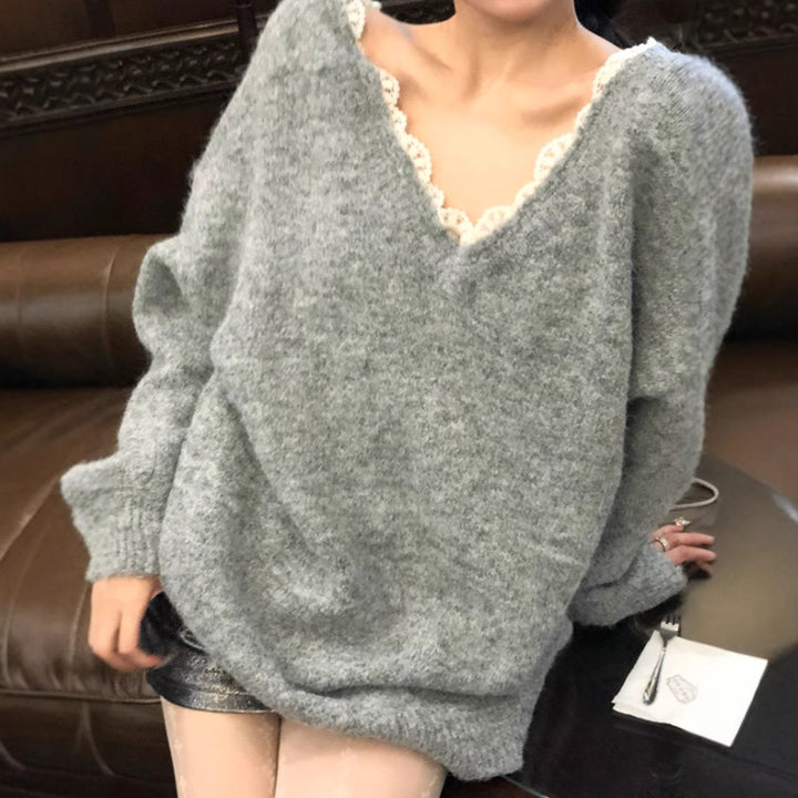 Damen Oversized Strickpullover mit V-Ausschnitt und zartem Spitzenrand Drune
