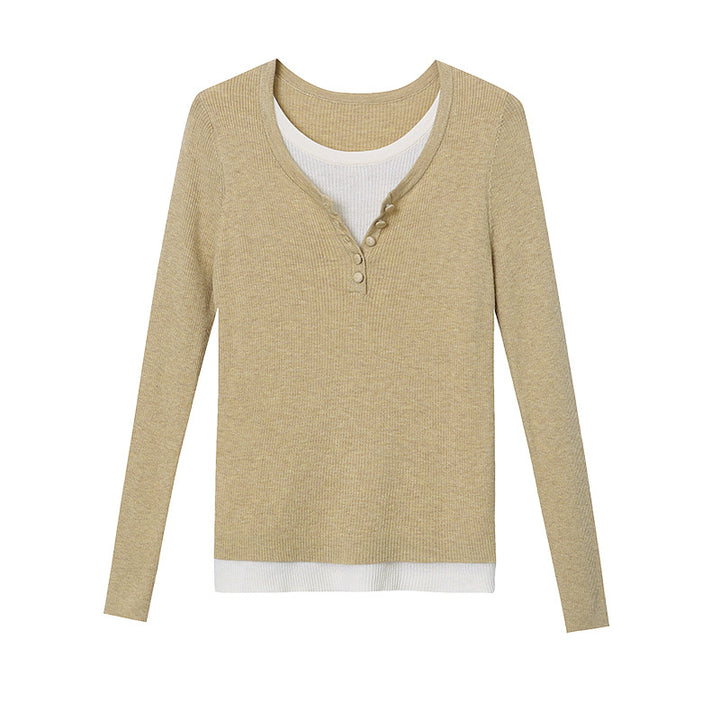 Damen lässiges Langarm-Henley-Pullover mit feiner Rippstruktur Drune