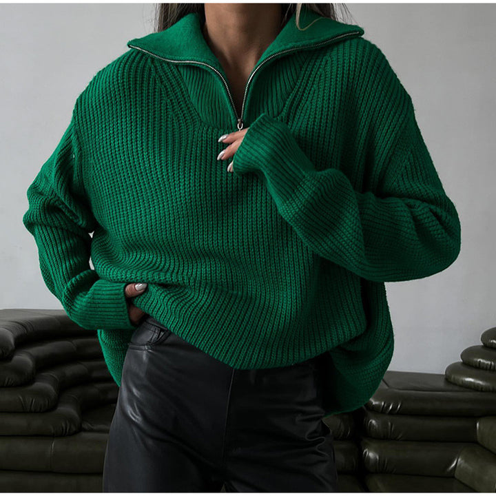 Damen Oversized Strickpullover mit stehendem Kragen und Reißverschluss Drune