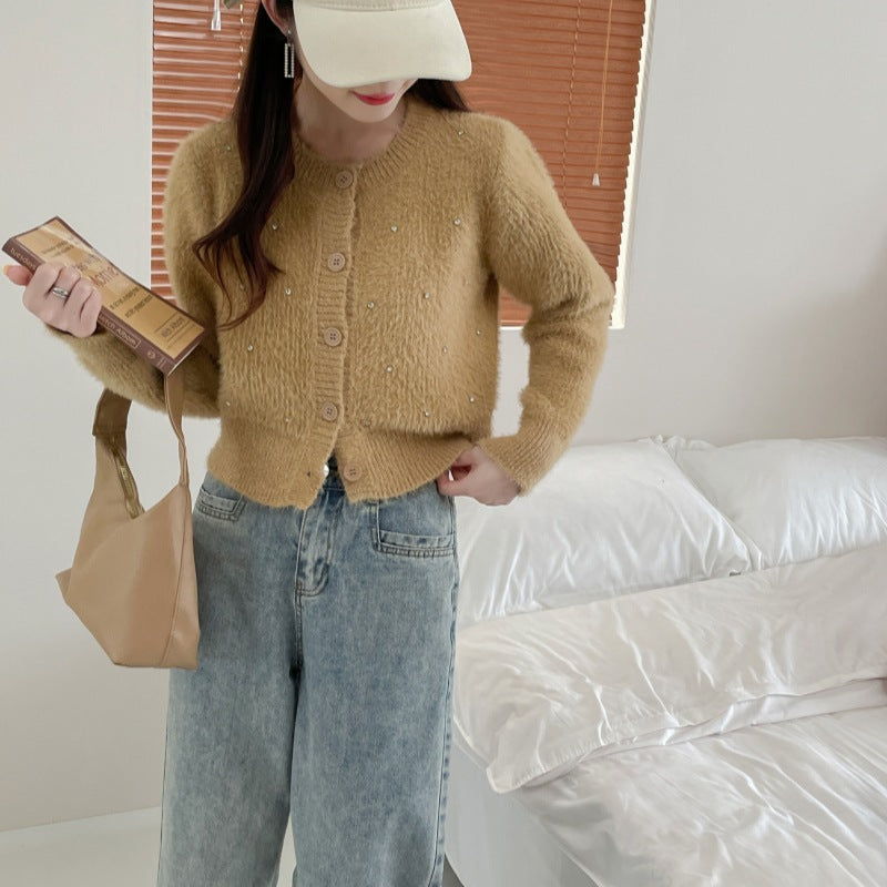 Damen elegante Strickjacke mit trendigen Perlenakzenten Drune