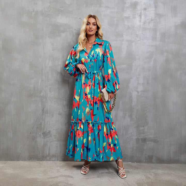 Damen Maxikleid mit farbenfrohem Floral-Design und elegantem Taillengürtel Drune