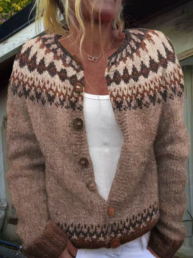 Damen nan gemusterte Strickjacke mit Rundpasse, Holzknöpfen und Eingrifftaschen Drune