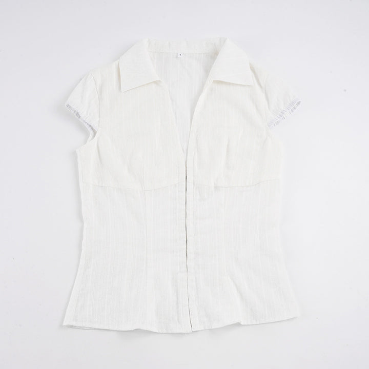 Damen Elegantes kurzärmliges Blusenshirt mit schickem Stehkragen und Reißverschluss Drune