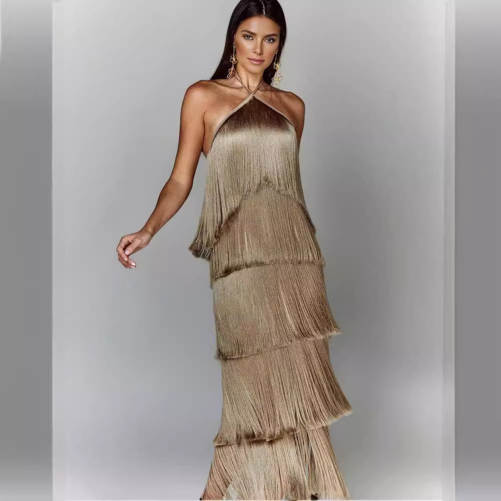 Damen Elegantes Fransen-Maxikleid mit schimmerndem Detail und raffinierter Passform Drune