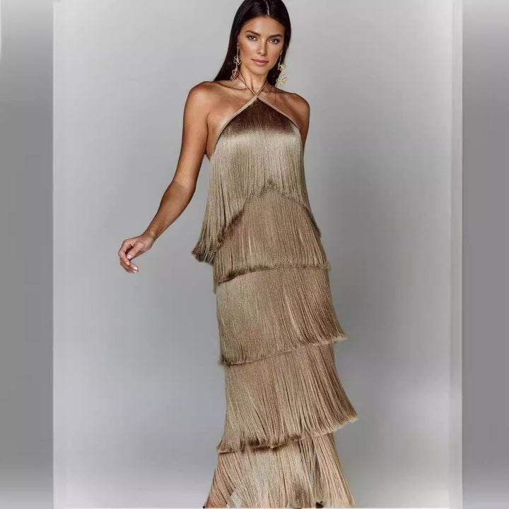 Damen Elegantes Fransen-Maxikleid mit schimmerndem Detail und raffinierter Passform Drune