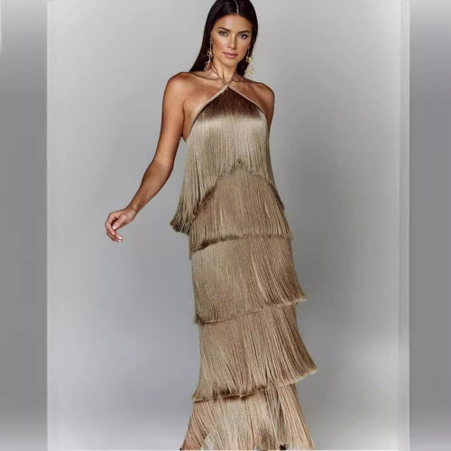 Damen Elegantes Fransen-Maxikleid mit schimmerndem Detail und raffinierter Passform Drune
