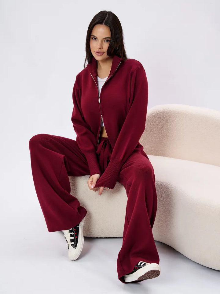 Damen nan gestricktes Loungewear-Zweiteiler mit kurzem Reißverschluss-Cardigan und weitem Highwaist-Hosenbein Drune