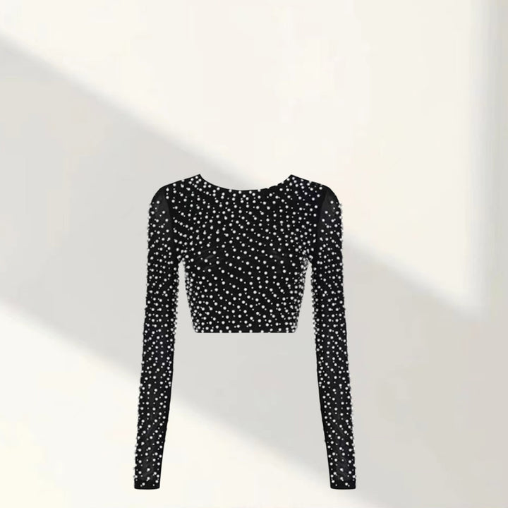 Damen Elegantes Langarm-Crop-Top mit Perlenbesatz Drune