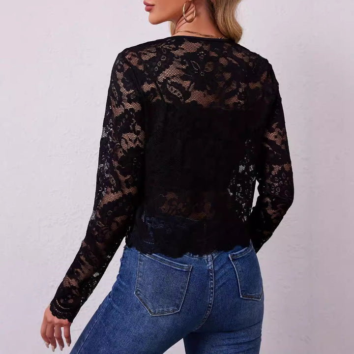 Damen nan kurz geschnittene transparente Spitzenbolerojacke mit floraler Spitze und Hakenverschluss Drune