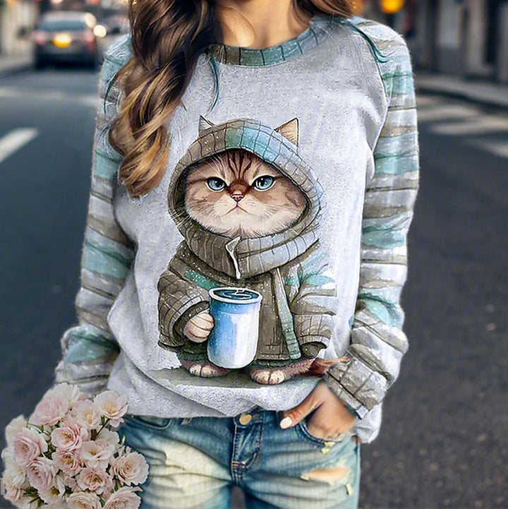 Damen Sweatshirt mit Katzenmotiv Drune