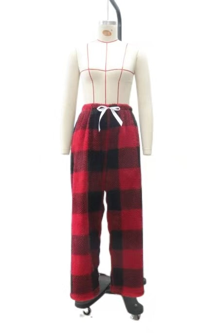 Damen nan kuschelige karierte Fleece-Hose mit Tunnelzugbund und weitem Bein Drune