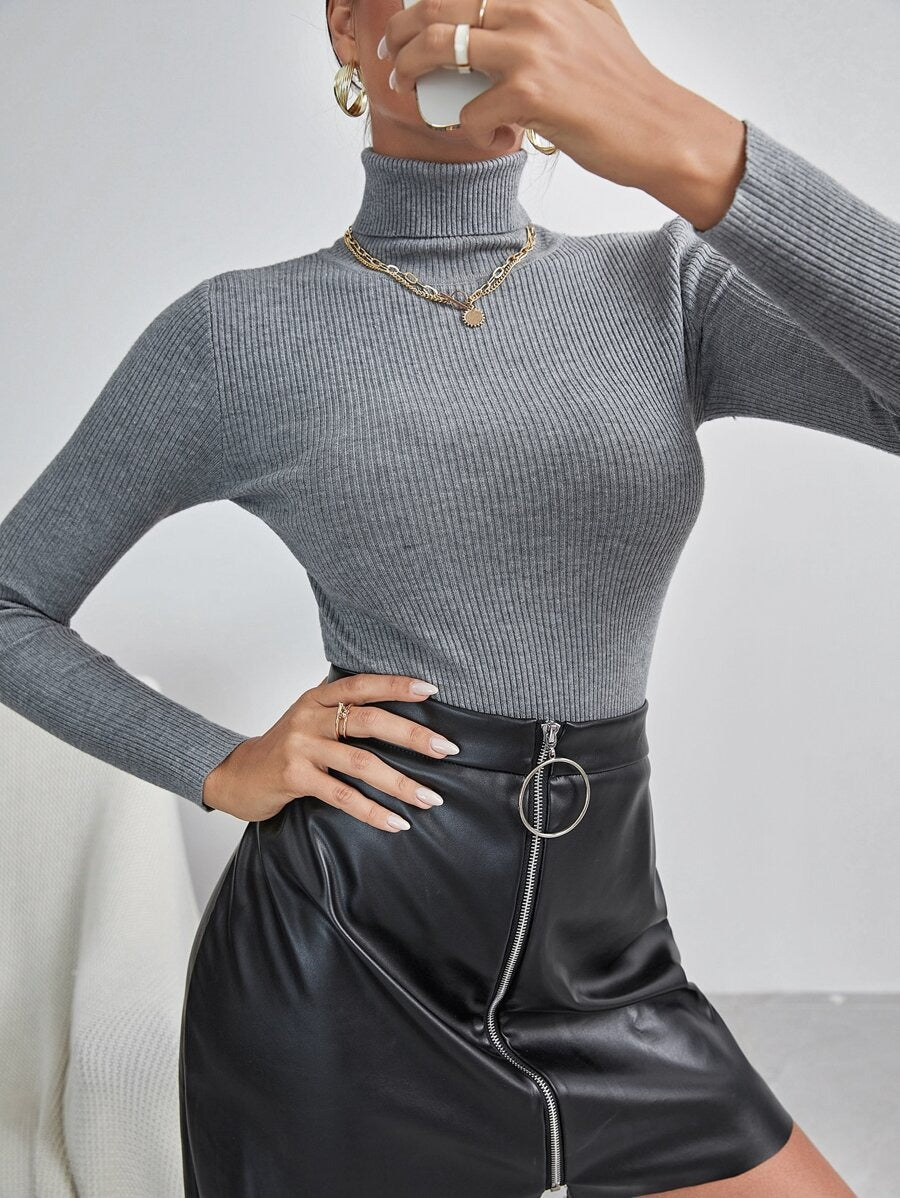 Damen Langarm Rollkragenpullover mit feinem Rippenstrick Drune