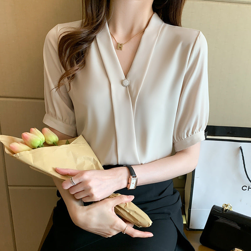 Damen Bluse mit elegantem V-Ausschnitt und dekorativer Knopfdetail Drune