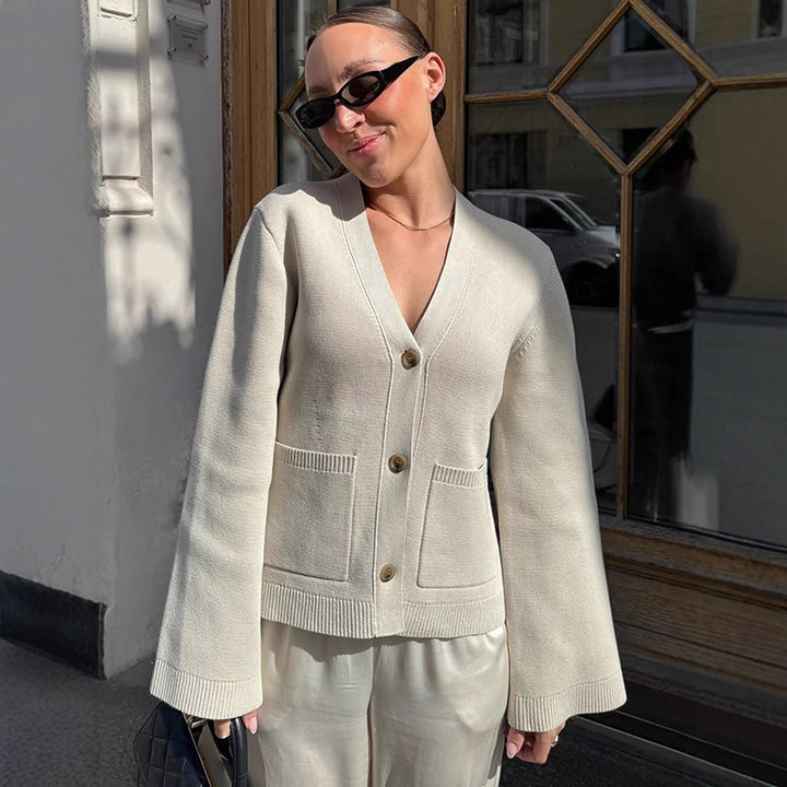 Damen lässige Strickjacke mit weitgeschnittenen Ärmeln und Knopfdetail Drune