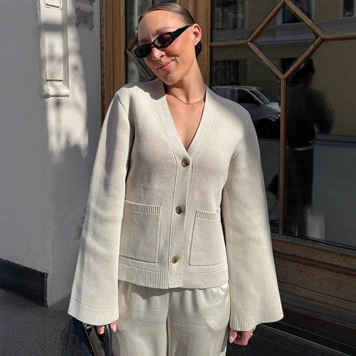 Damen lässige Strickjacke mit weitgeschnittenen Ärmeln und Knopfdetail Drune
