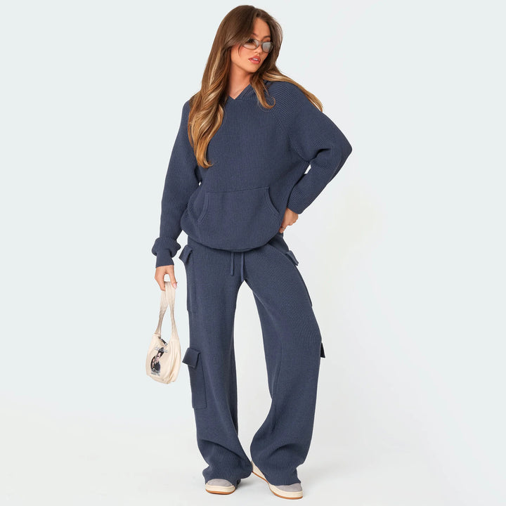 Damen nan gerippter Kapuzenpullover aus Feinstrick mit Kängurutasche und relaxed Fit Drune