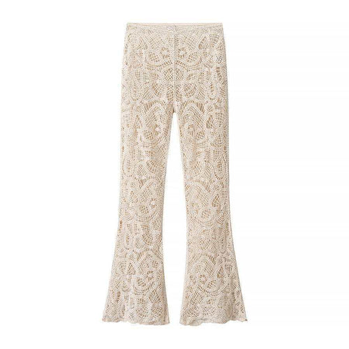 Damen nan gehäkelte Schlaghose mit floralem Crochetmuster, elastischem Bund und teilgefüttertem Innenbein Drune