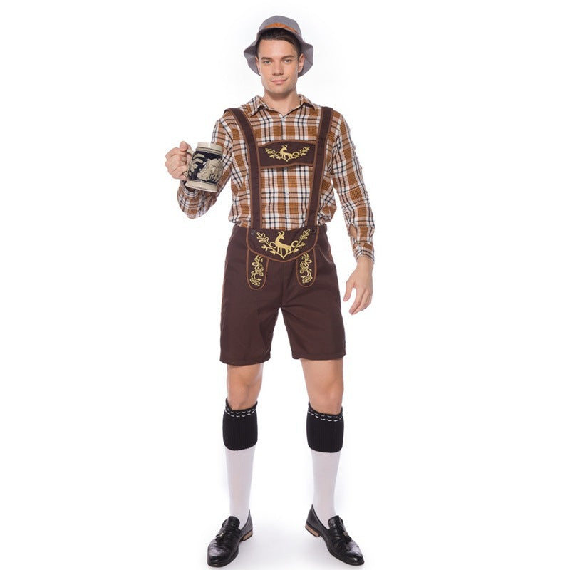 Damen nan Trachten-Shorts Latzhose mit bestickter Vorderpasse, verstellbaren Trägern und kariertem Blusen-Set Drune