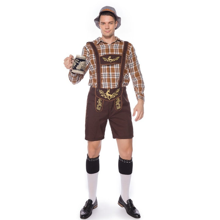 Damen nan Trachten-Shorts Latzhose mit bestickter Vorderpasse, verstellbaren Trägern und kariertem Blusen-Set Drune