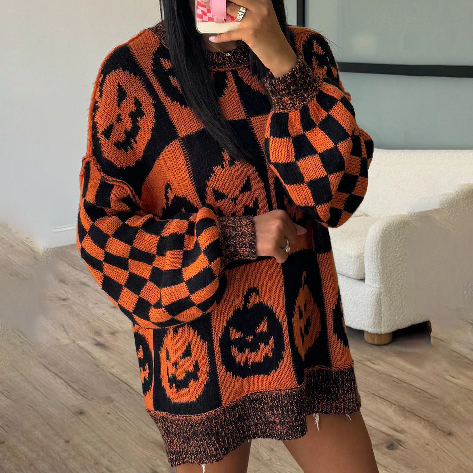 Damen Grobstrickpullover mit modernem Geistermotiv und lässigem Schnitt Drune